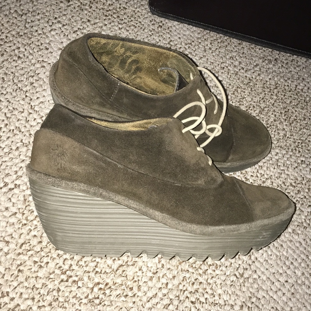 FLY London brown suede tie up wedges. Size US 7, EUR 38